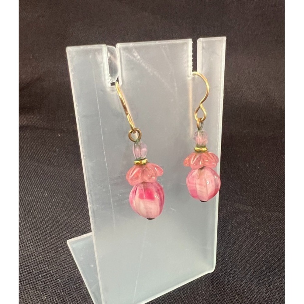 Pink Glass Flower Artisan Dangle Earrings Gold Tone Hooks‎ Cottagecore Fairycore